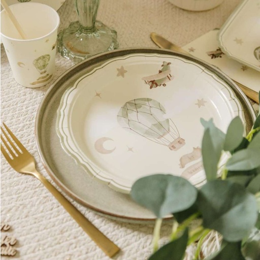 6 Assiettes "1er Anniversaire" Dans les Nuages Carton Taupe et Vert Amande Ø23cm