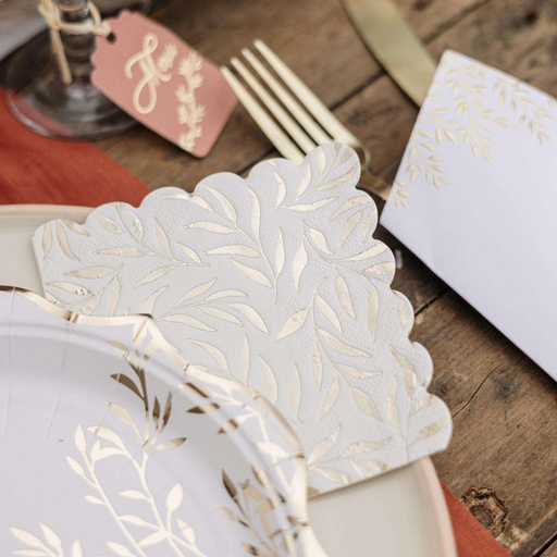 20 Serviettes Cocktail Jolis Brins Papier Blanc et Or 24x24cm - 3 Plis