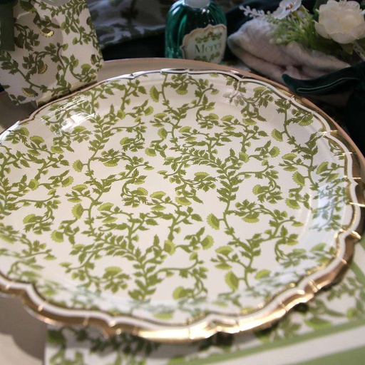 8 Assiettes Botanica Verde Carton Crème, Pistache et Or Ø23cm