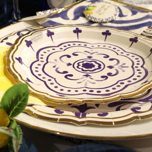 8 Petites Assiettes Dolce Vita Carton Bleu Roi, Blanc et Or Ø18cm