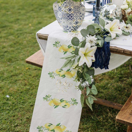 Chemin de Table "Dolce Vita" Tissu Blanc, Jaune et Or 28cmx5m