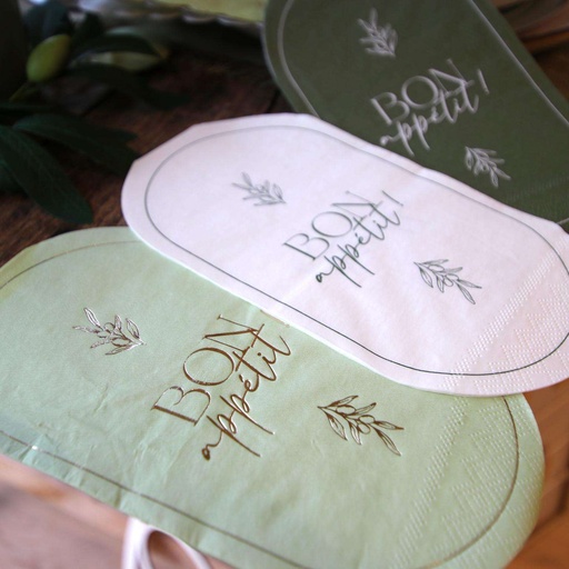 16 Serviettes "Bon Appétit!" Papier Vert de Gris, Sauge, Crème et Or 21,5x39cm - 3 Plis - 3 Coloris Assortis