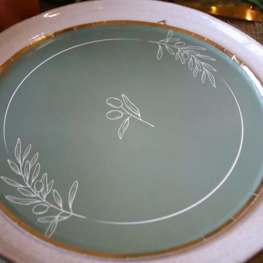 8 Assiettes Olive Oil Carton Vert de Gris et Or Ø23cm