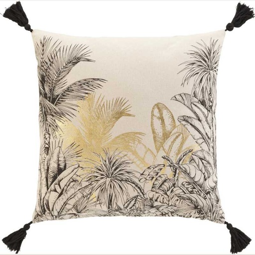 Coussin dehous. compr. pompons 45x45 cm coton/polyester imp. metal. papaya des p